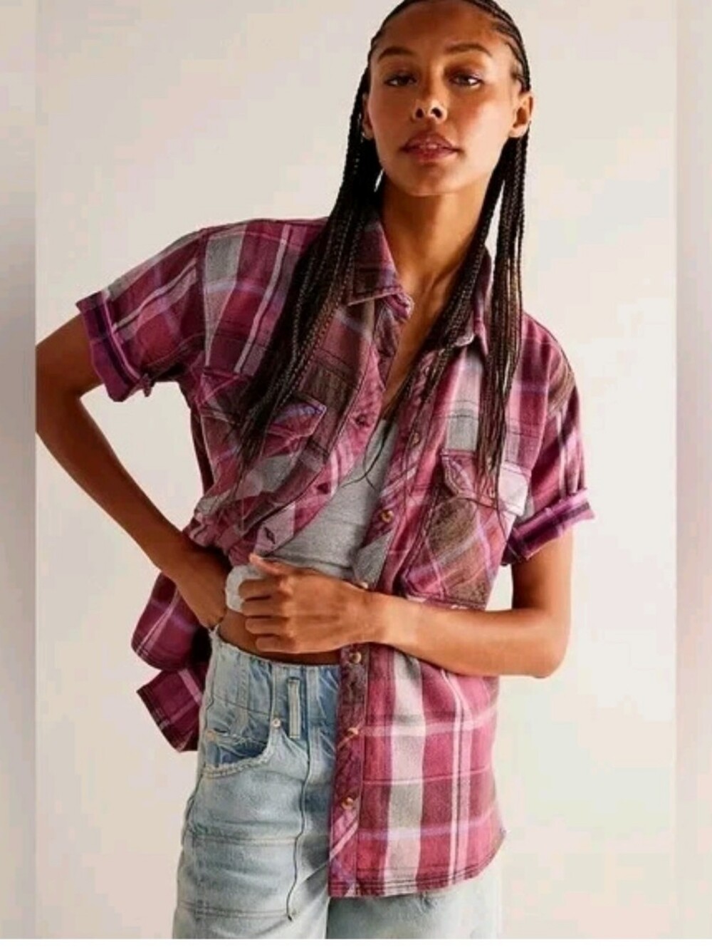 FREE PEOPLE VINTAGE CRUSHED PLAID BUTTON-DOWN SHORT SLEEVE SHIRT SIZE MEDIUM